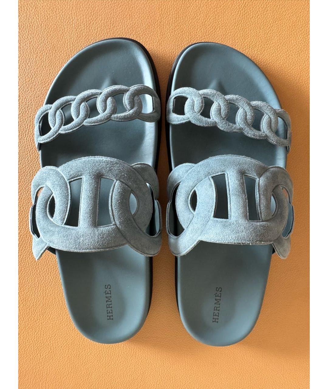 HERMES Голубые замшевые шлепанцы, фото 3