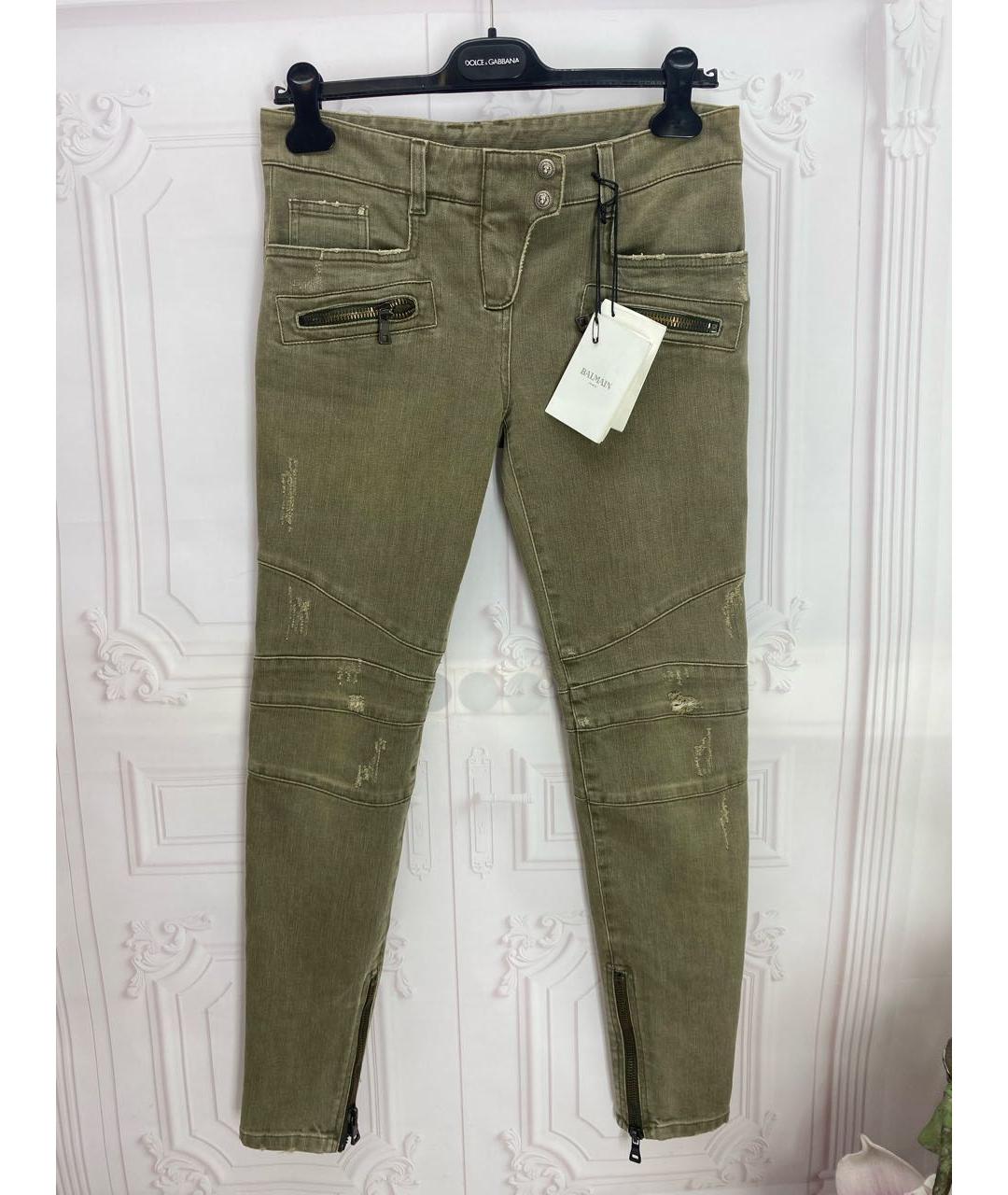 BALMAIN Хаки хлопко-эластановые джинсы слим, фото 8