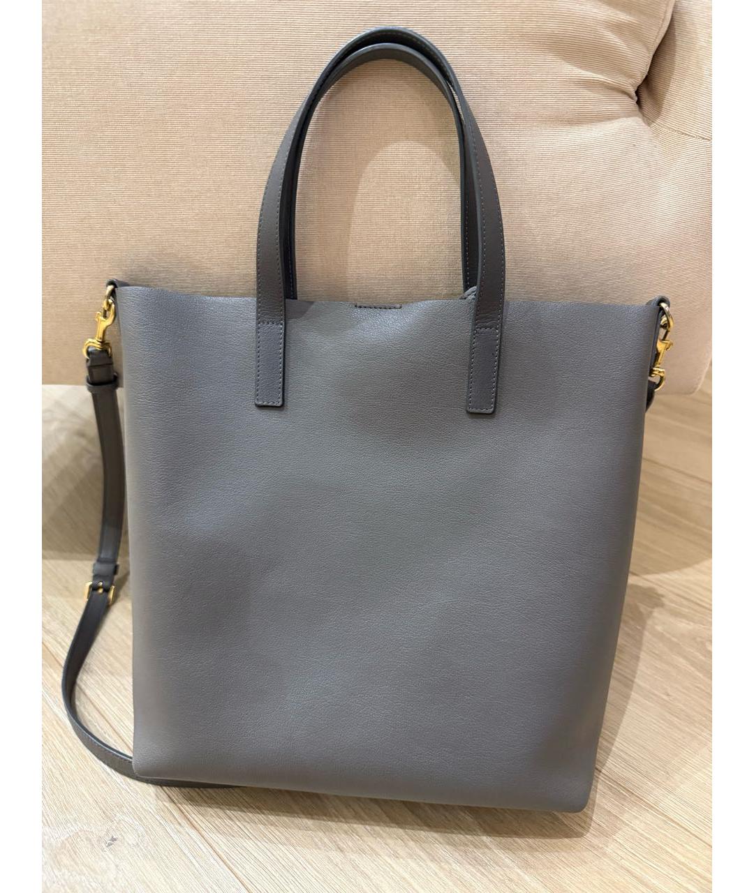 SAINT LAURENT Серая кожаная сумка тоут, фото 2