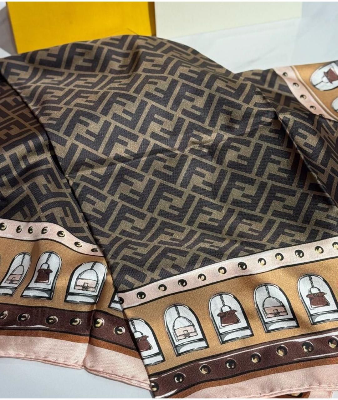 FENDI Коричневый шелковый платок, фото 3
