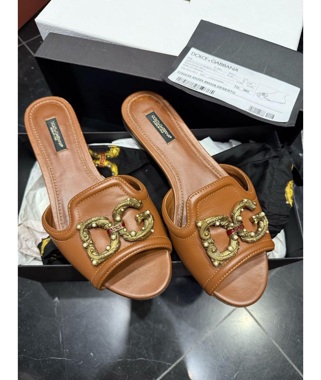 DOLCE&GABBANA Коричневые кожаные шлепанцы, фото 2