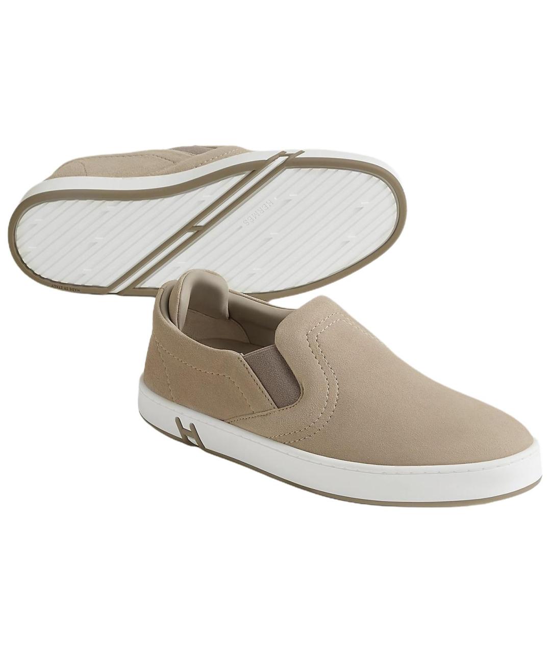 HERMES Бежевые замшевые слипоны, фото 4