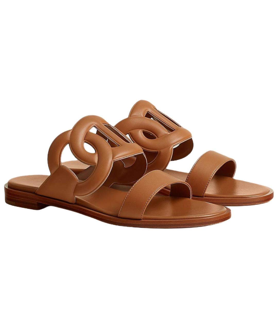 HERMES Коричневые кожаные шлепанцы, фото 2