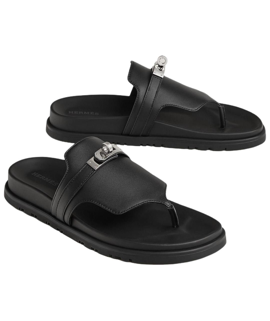 HERMES Черные кожаные шлепанцы, фото 2