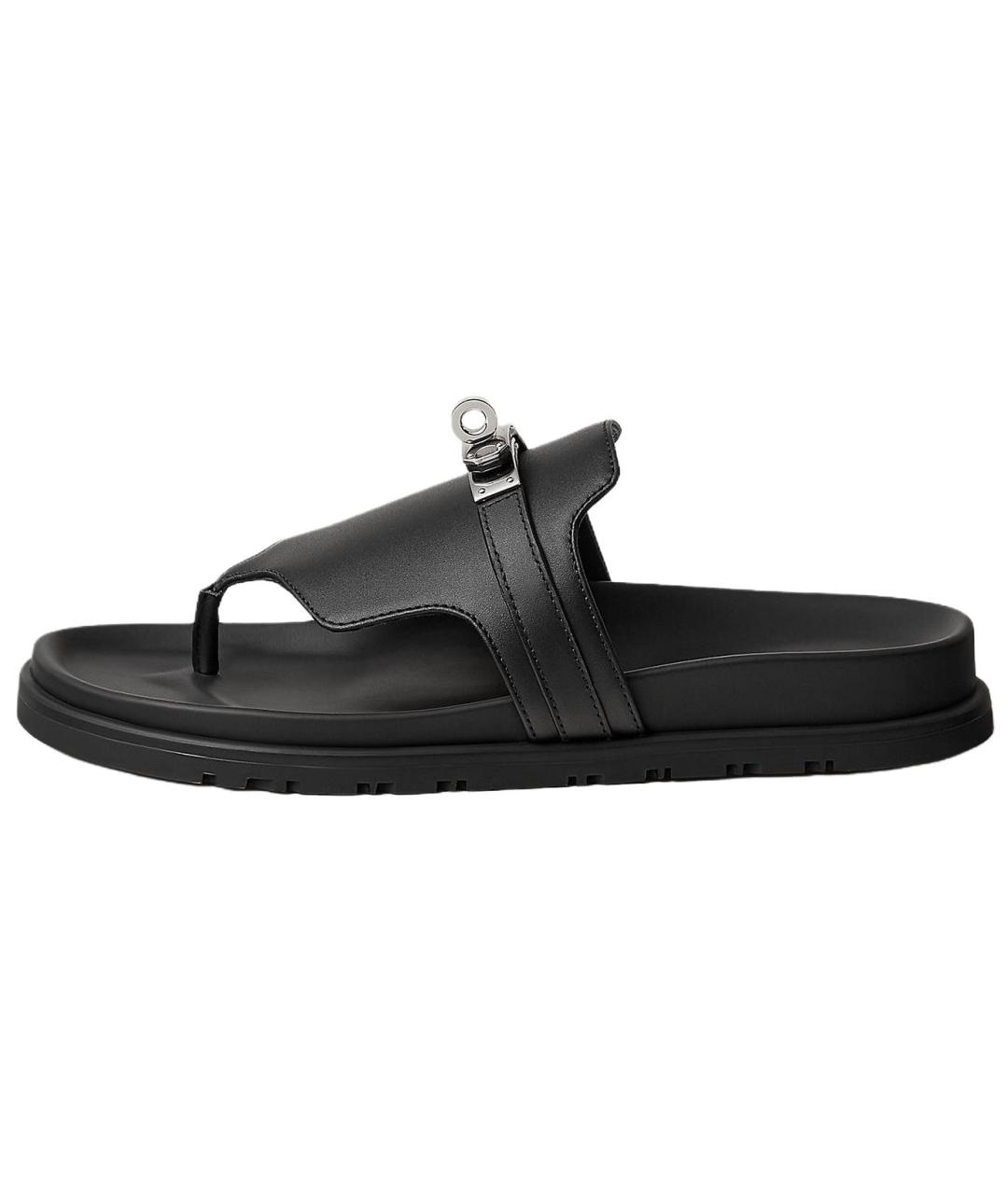 HERMES Черные кожаные шлепанцы, фото 4