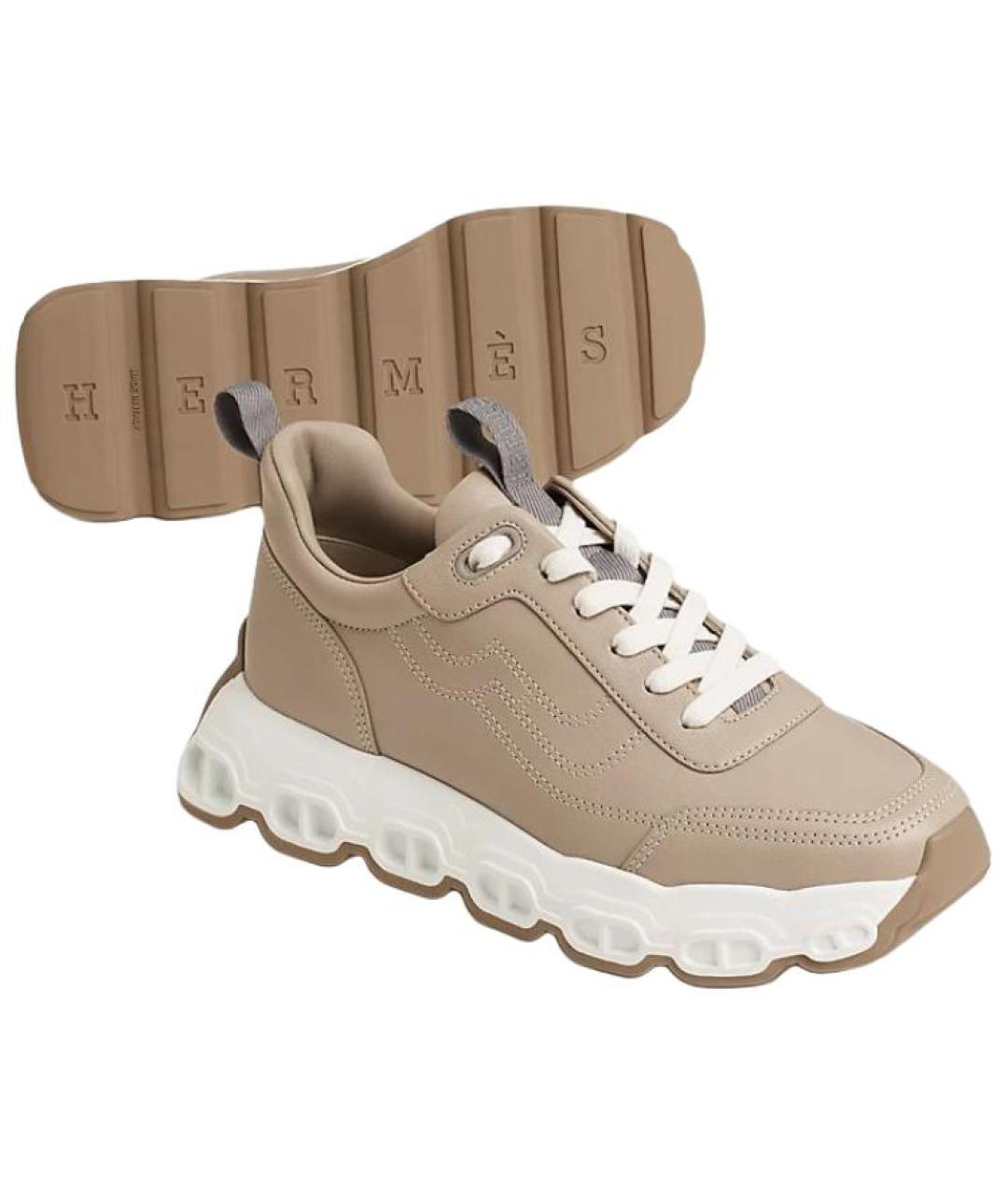 HERMES Бежевые кожаные кроссовки, фото 4