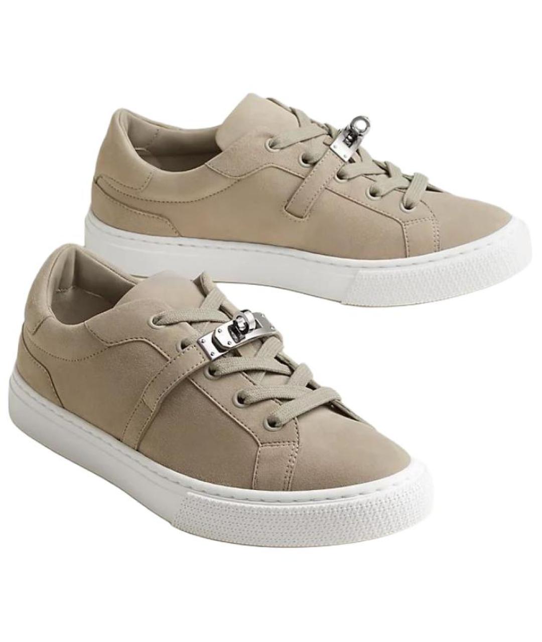 HERMES Бежевые замшевые кроссовки, фото 3