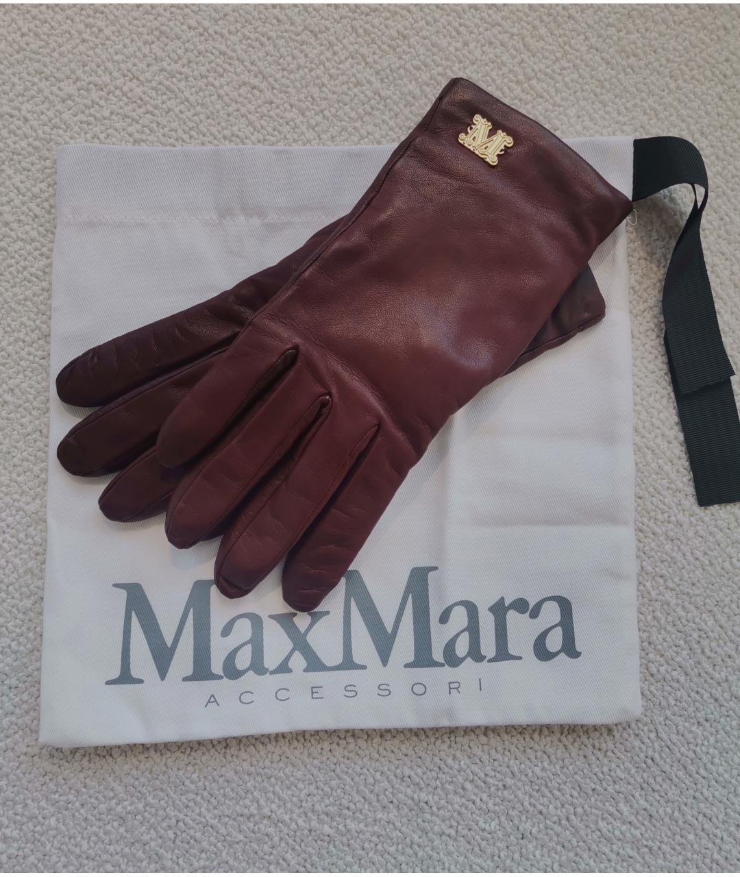 MAX MARA Бордовые кожаные перчатки, фото 2