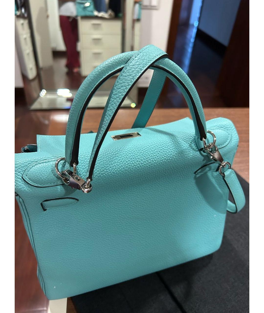 HERMES Бирюзовая кожаная сумка с короткими ручками, фото 3