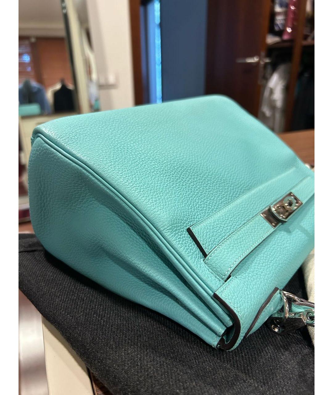HERMES Бирюзовая кожаная сумка с короткими ручками, фото 6