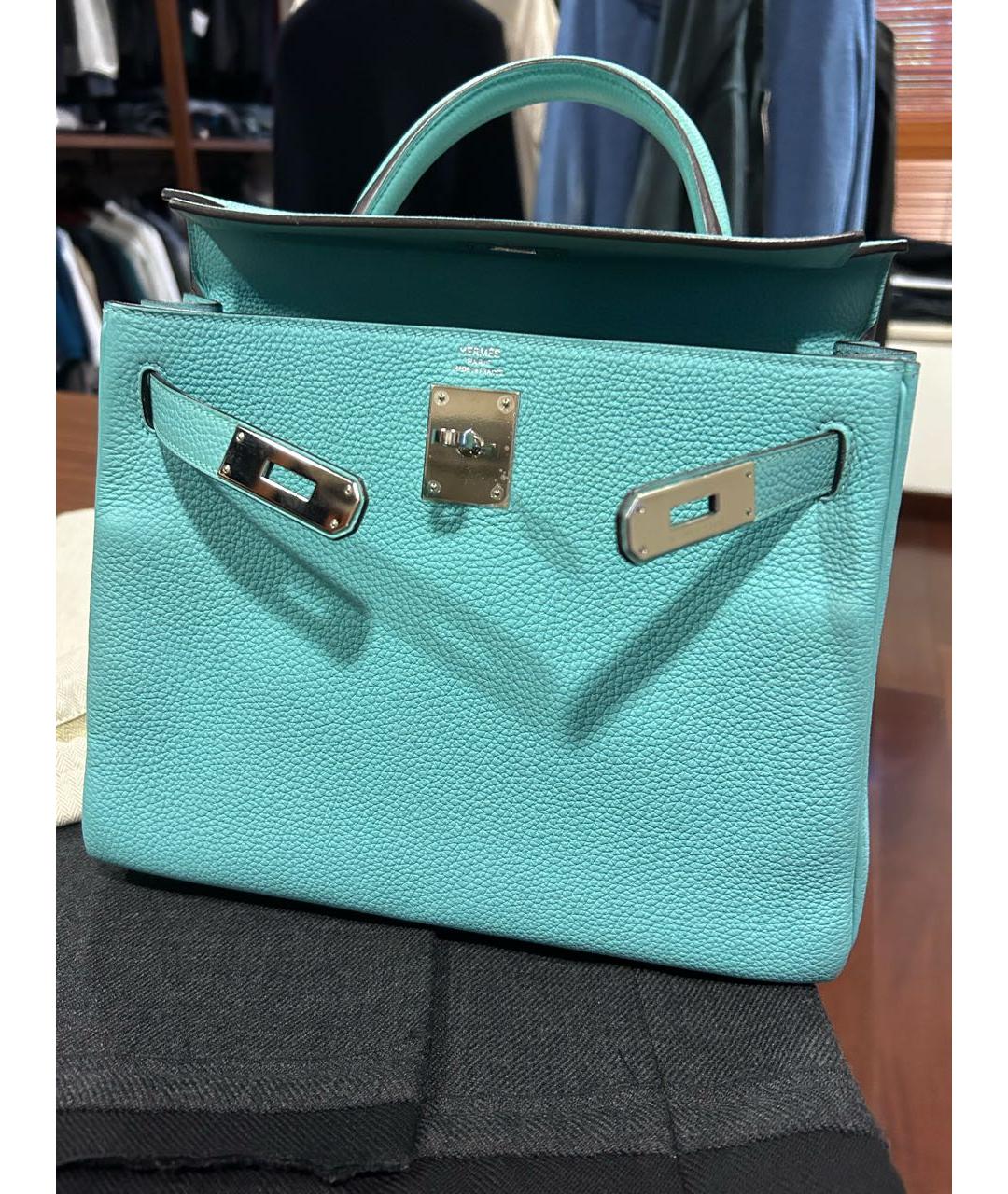 HERMES Бирюзовая кожаная сумка с короткими ручками, фото 2