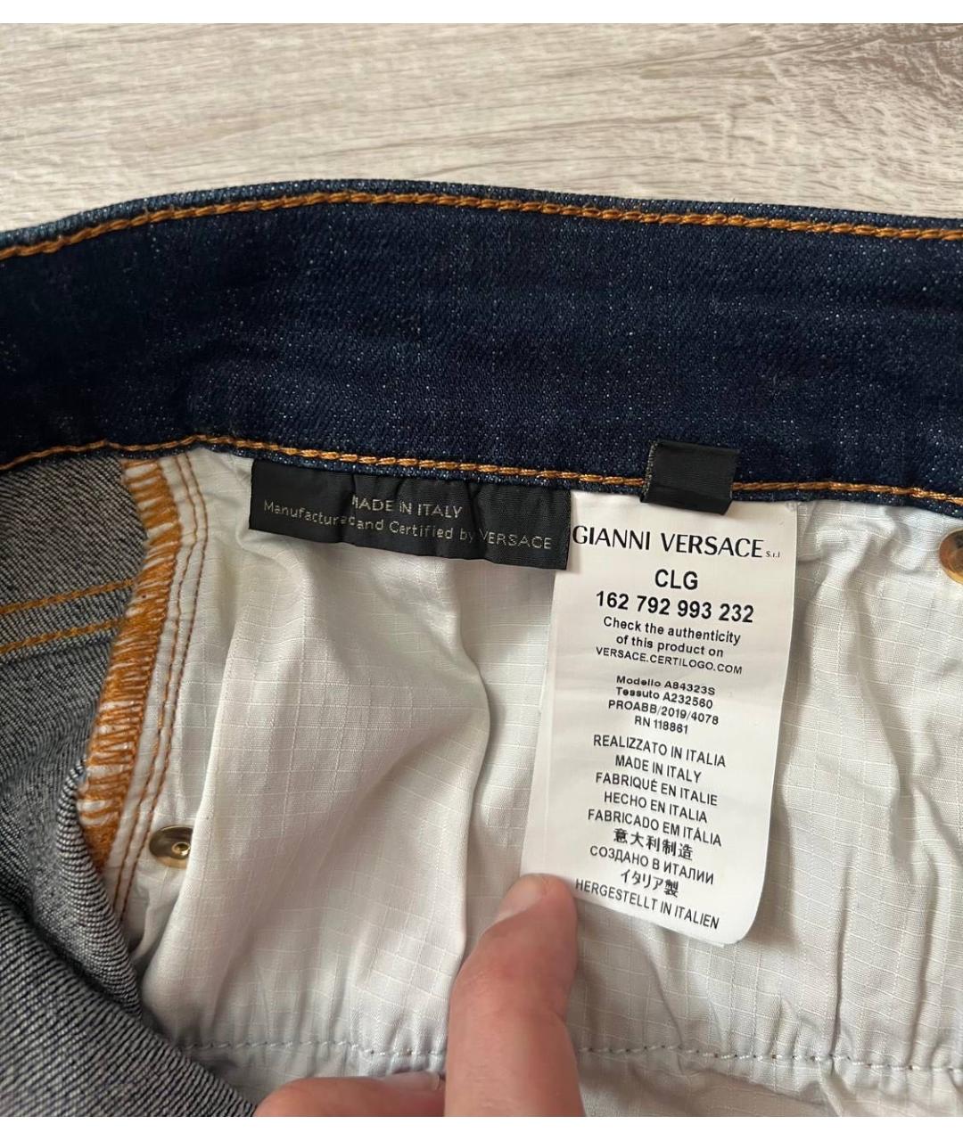 VERSACE Темно-синие хлопко-эластановые прямые джинсы, фото 7