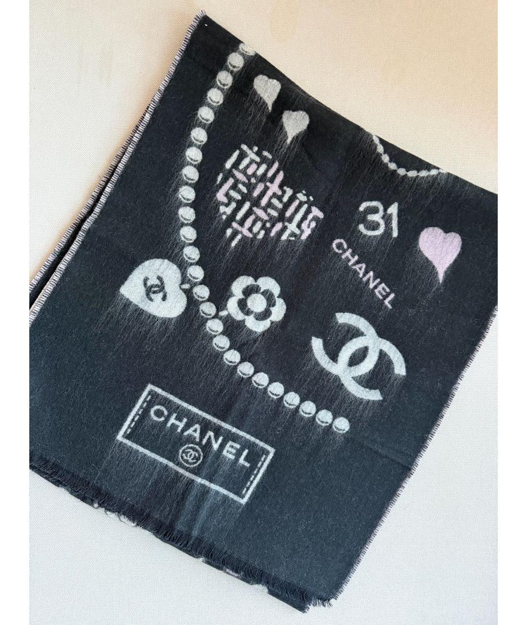 CHANEL Черный шерстяной шарф, фото 8