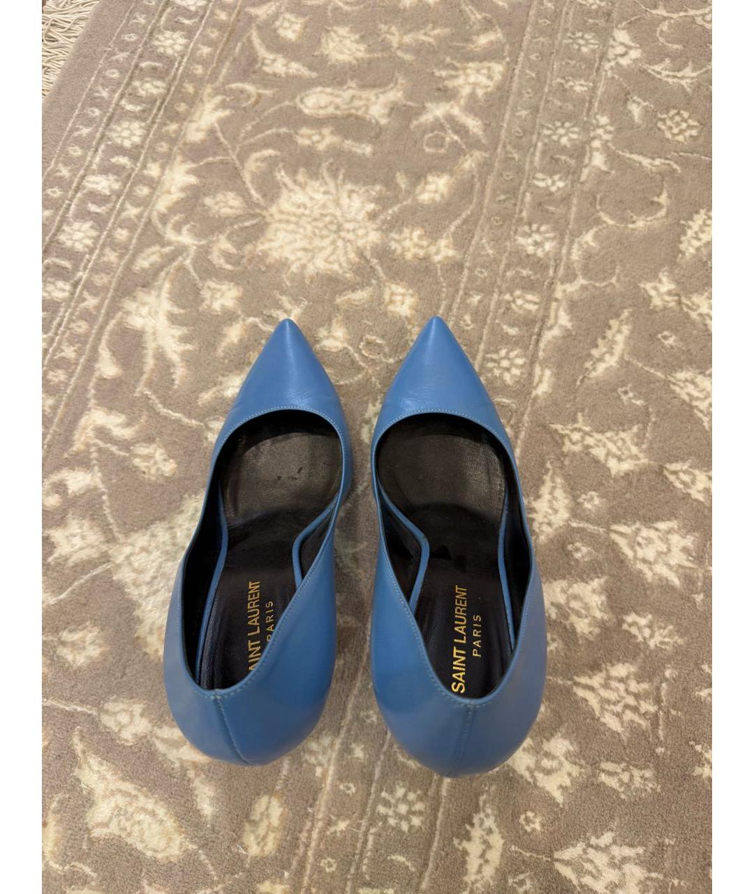 SAINT LAURENT Голубые кожаные лодочки на низком каблуке, фото 3