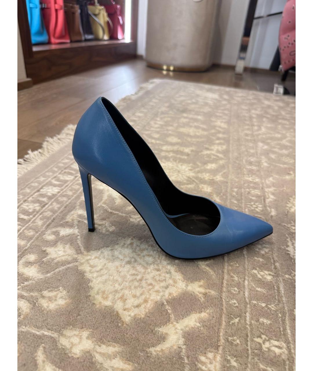 SAINT LAURENT Голубые кожаные лодочки на низком каблуке, фото 6