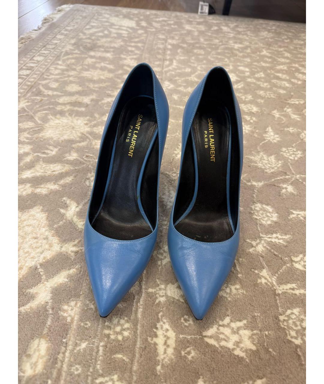 SAINT LAURENT Голубые кожаные лодочки на низком каблуке, фото 2