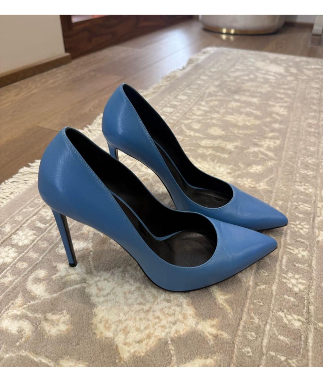 SAINT LAURENT Голубые кожаные лодочки на низком каблуке, фото 5