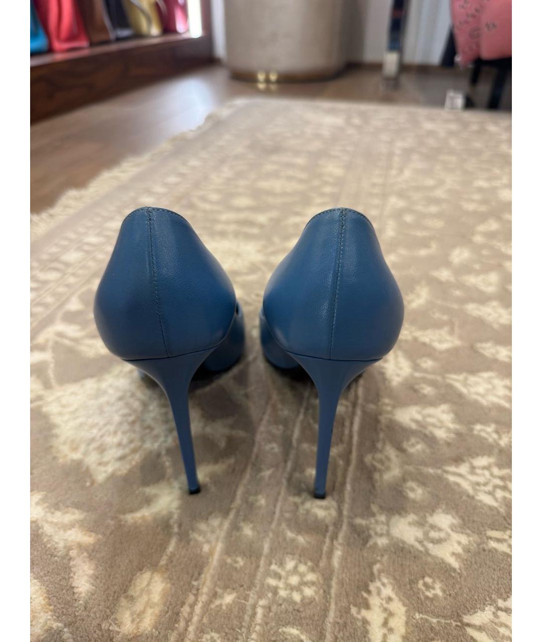 SAINT LAURENT Голубые кожаные лодочки на низком каблуке, фото 4