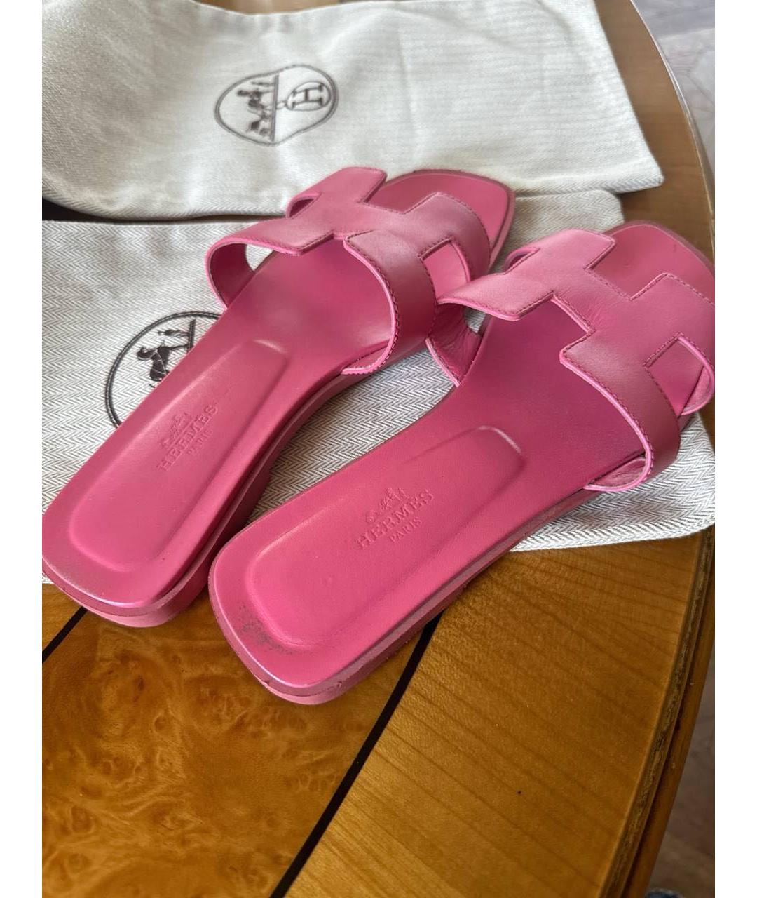 HERMES Розовые кожаные шлепанцы, фото 4
