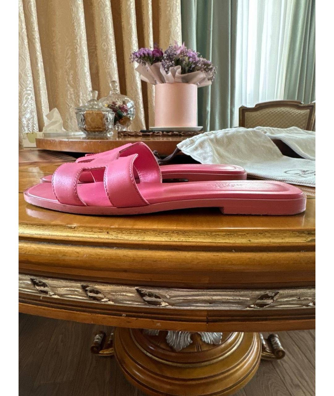 HERMES Розовые кожаные шлепанцы, фото 3