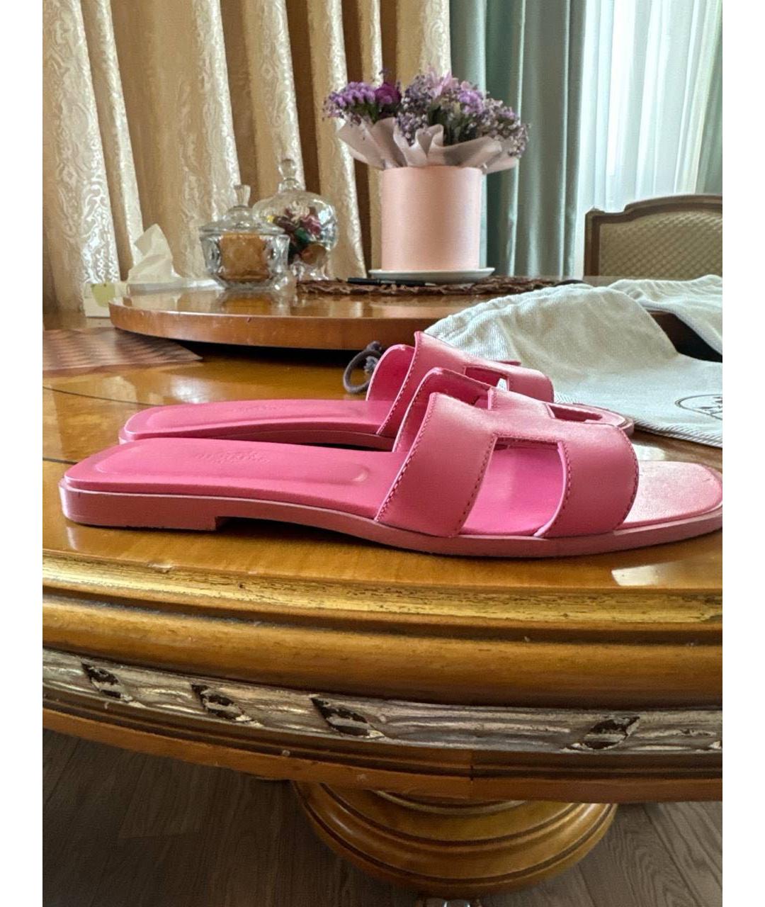 HERMES Розовые кожаные шлепанцы, фото 6