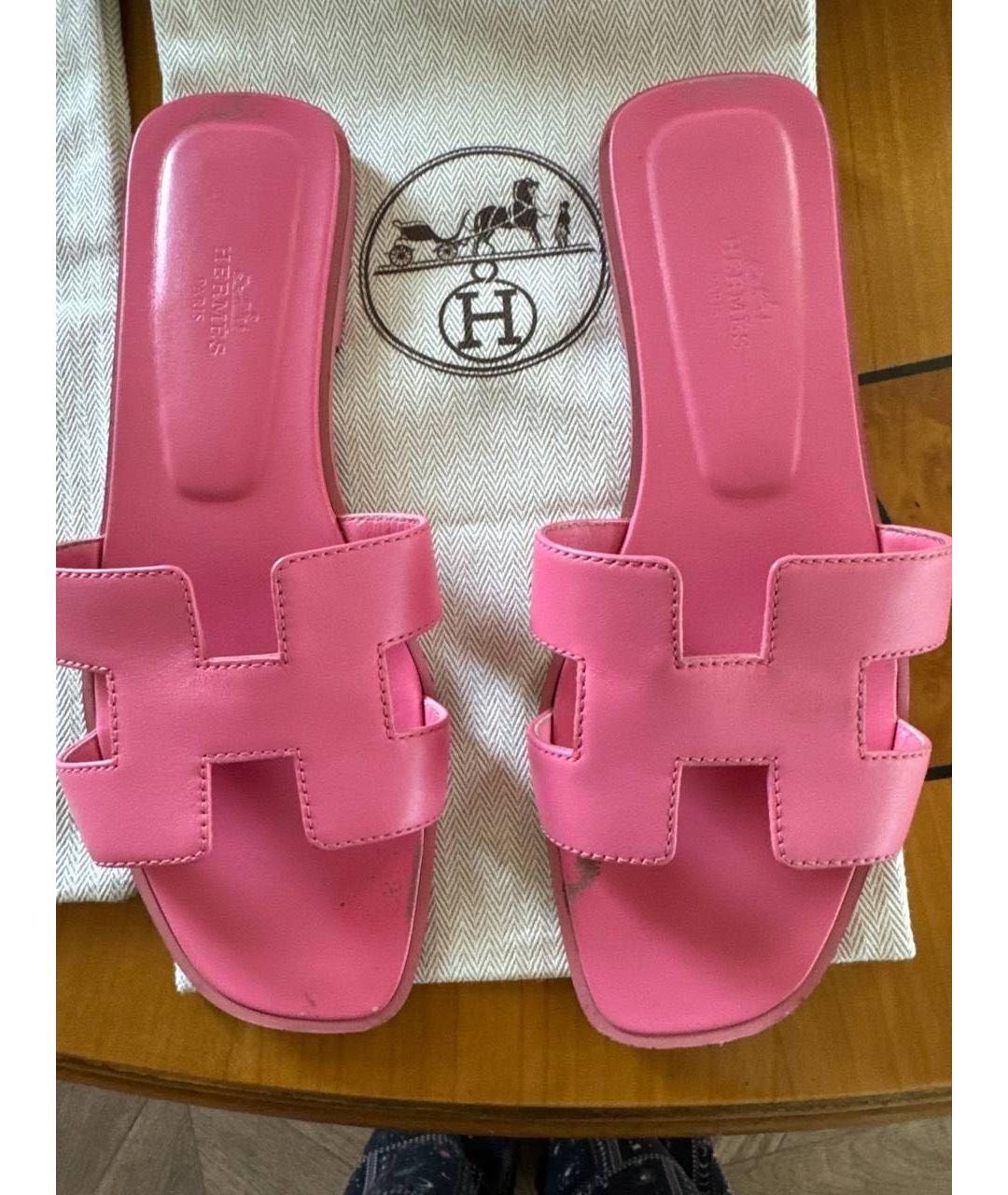 HERMES Розовые кожаные шлепанцы, фото 2