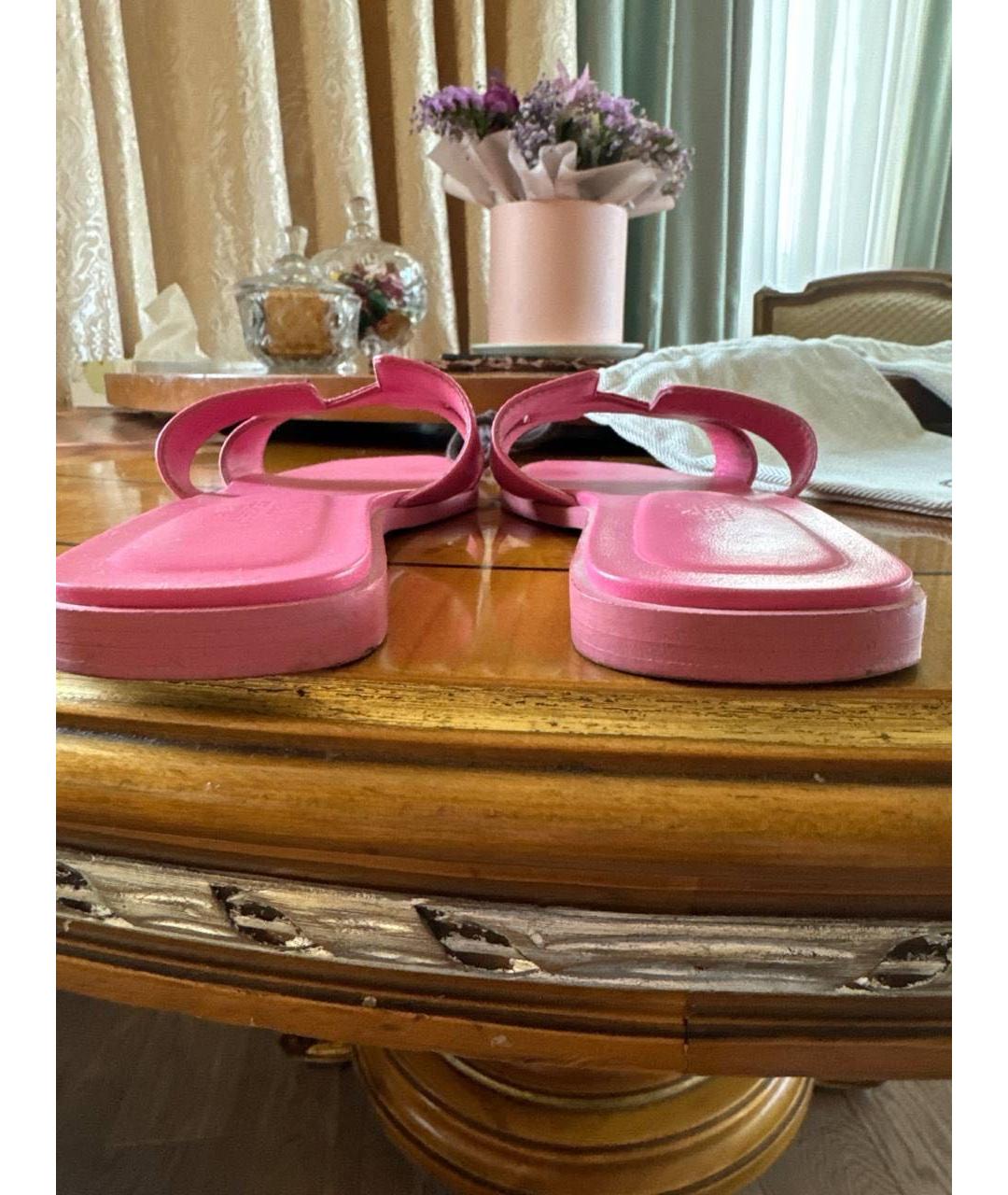 HERMES Розовые кожаные шлепанцы, фото 5