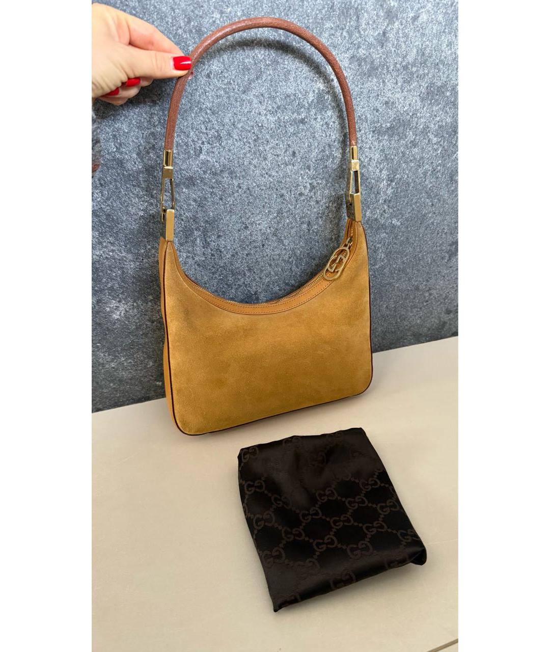 GUCCI Горчичная замшевая сумка с короткими ручками, фото 9
