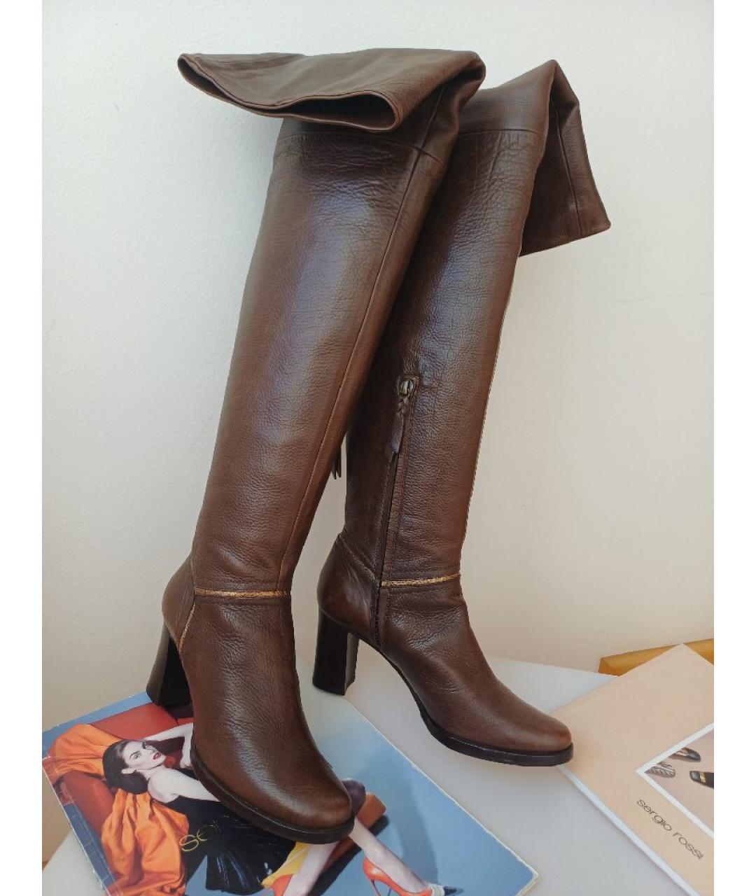 POLLINI Коричневые кожаные ботфорты, фото 4