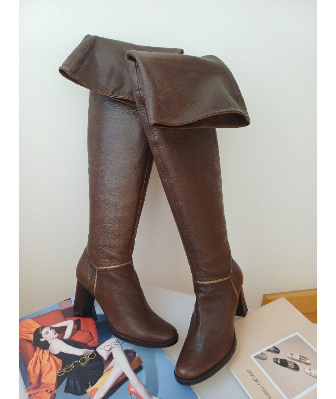 POLLINI Коричневые кожаные ботфорты, фото 2