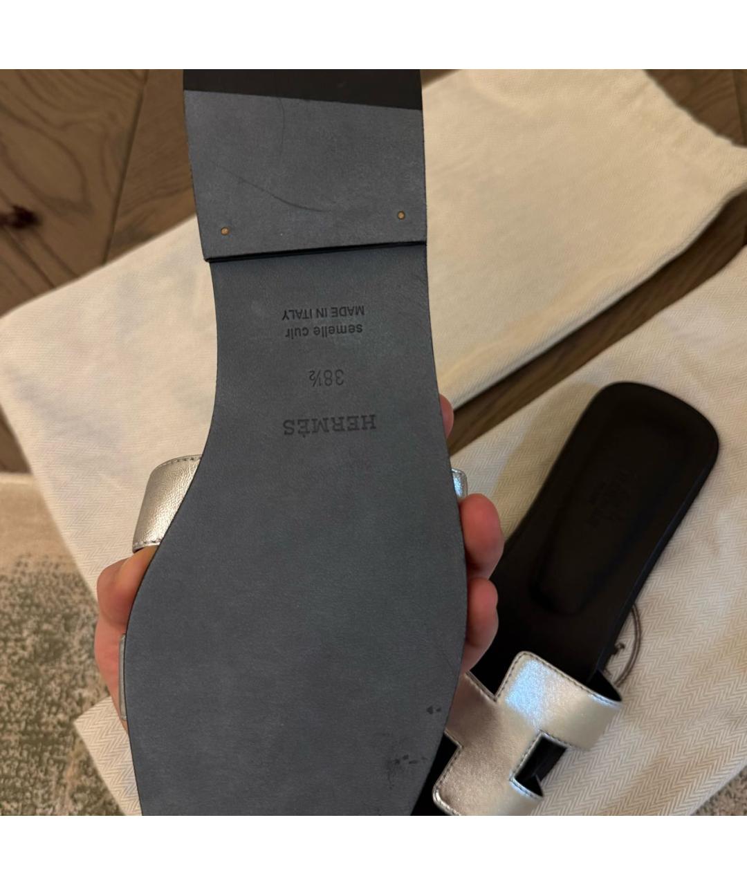 HERMES Серебряные кожаные шлепанцы, фото 3