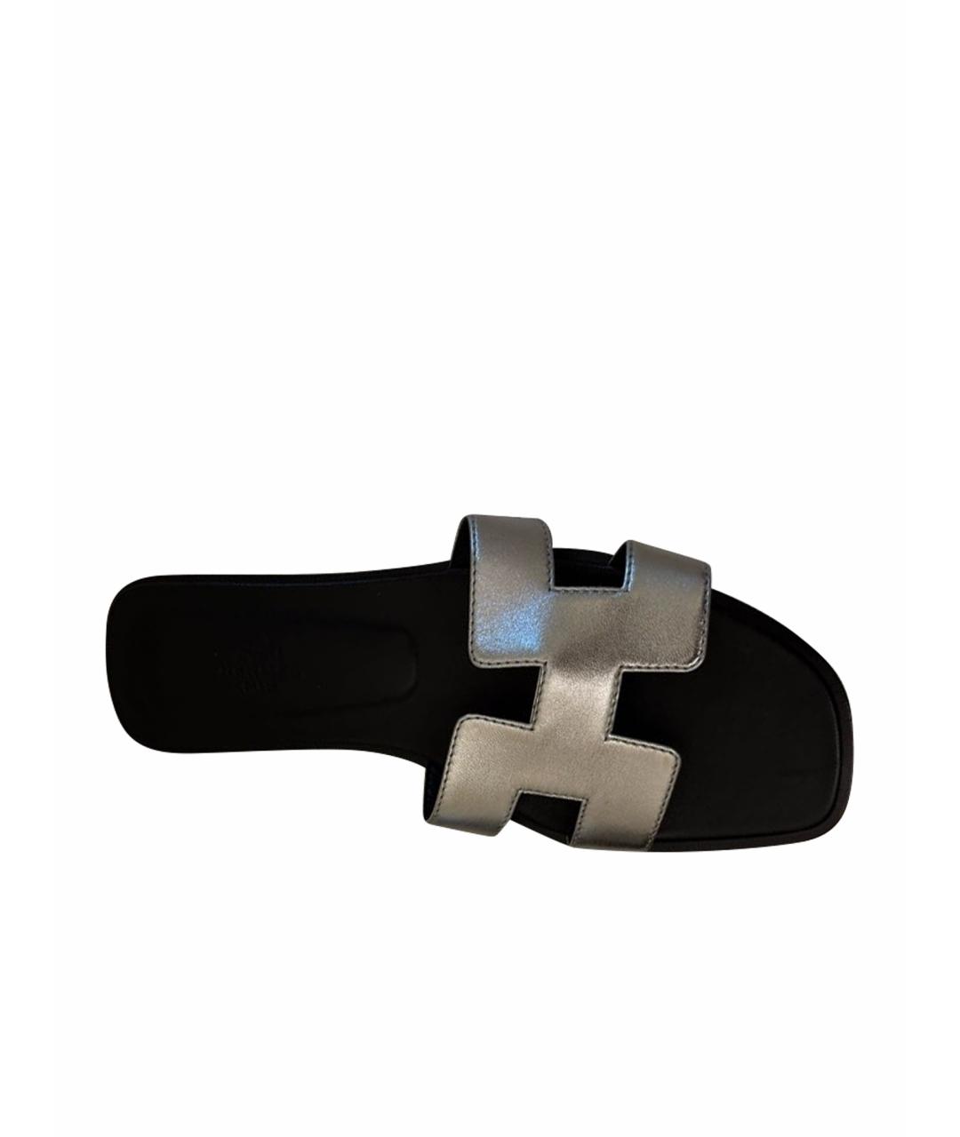 HERMES Серебряные кожаные шлепанцы, фото 1