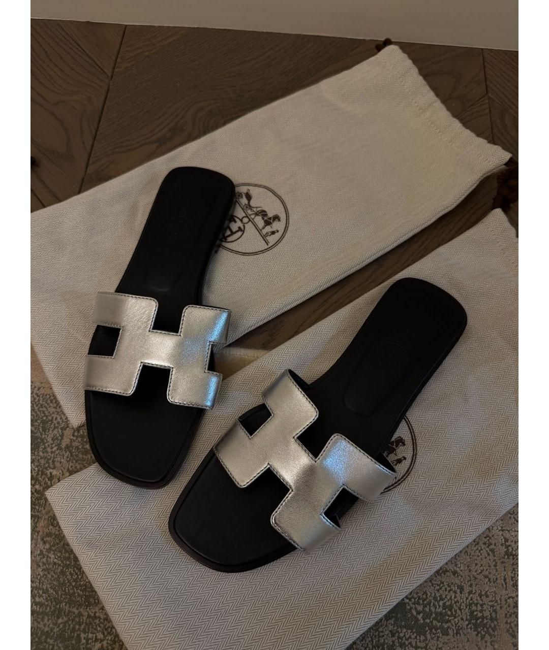 HERMES Серебряные кожаные шлепанцы, фото 4