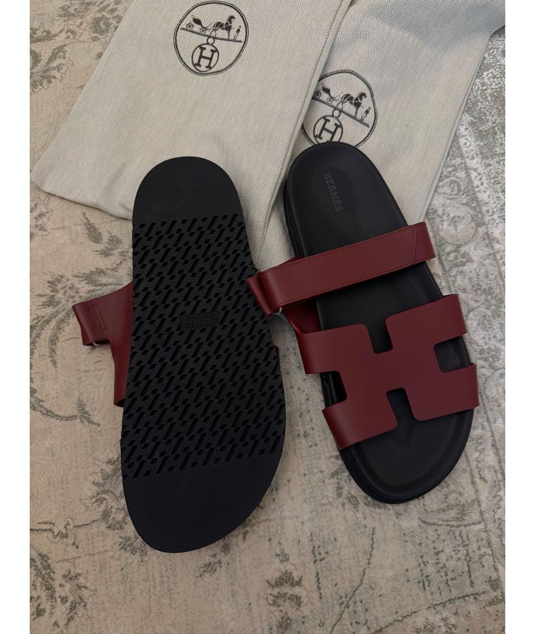 HERMES Бордовые кожаные шлепанцы, фото 3