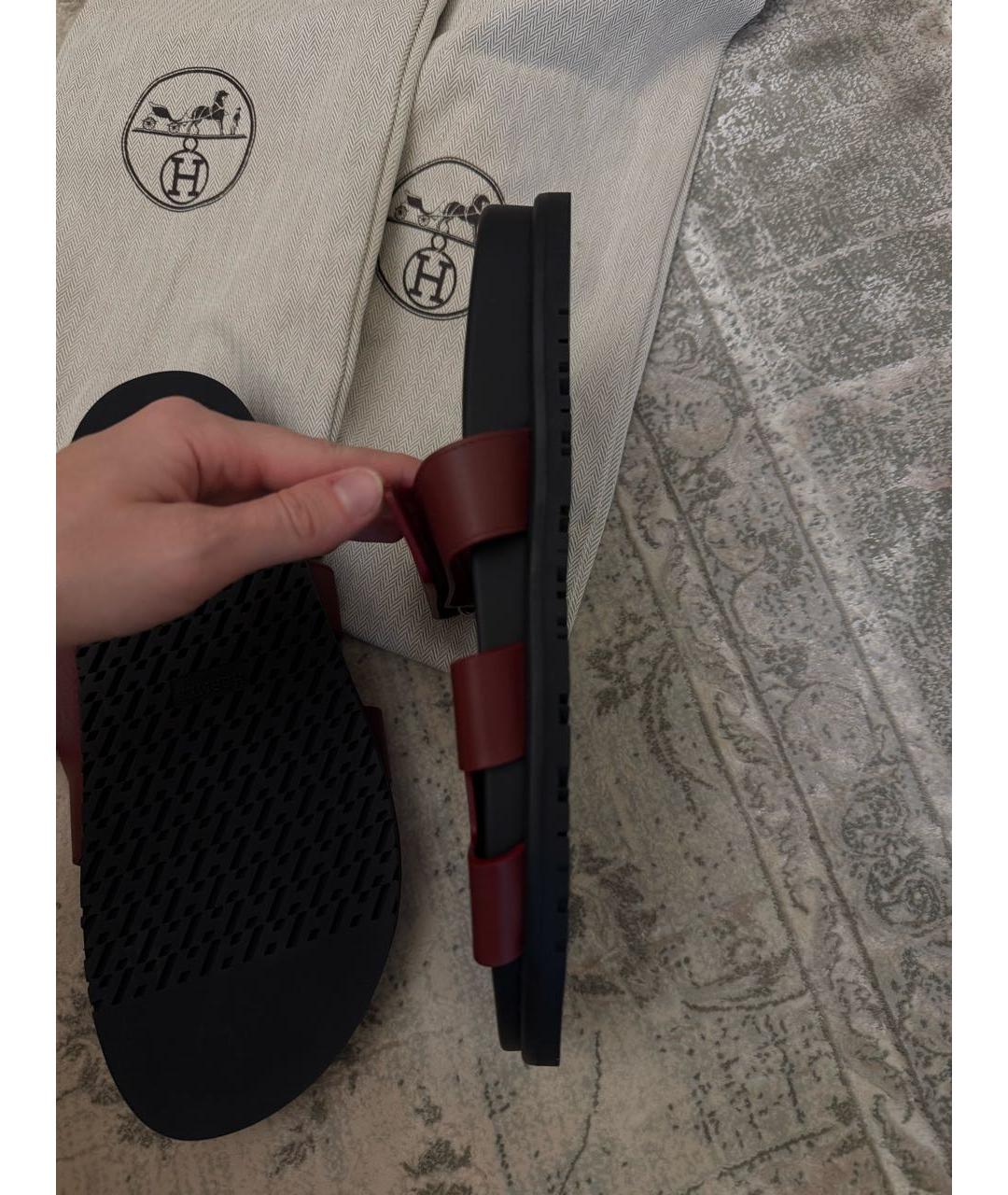 HERMES Бордовые кожаные шлепанцы, фото 5