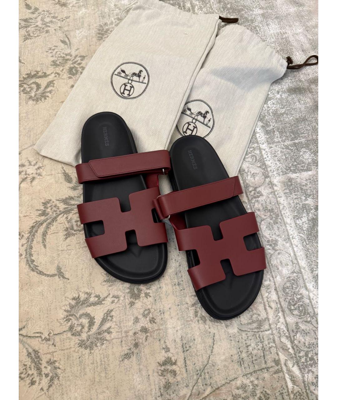 HERMES Бордовые кожаные шлепанцы, фото 2