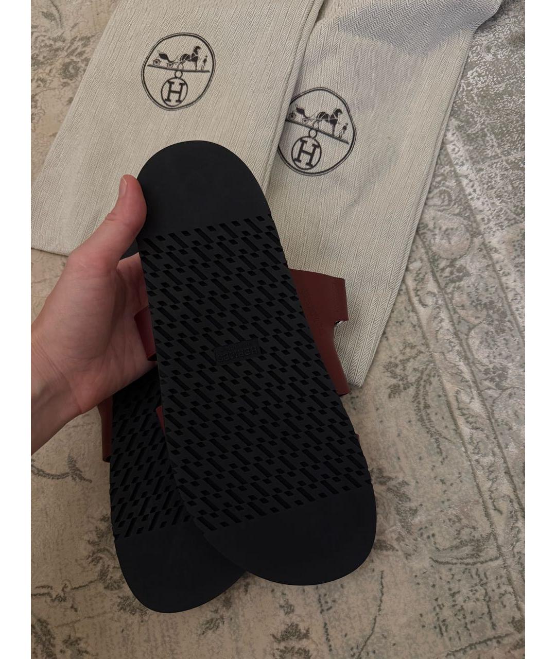 HERMES Бордовые кожаные шлепанцы, фото 4