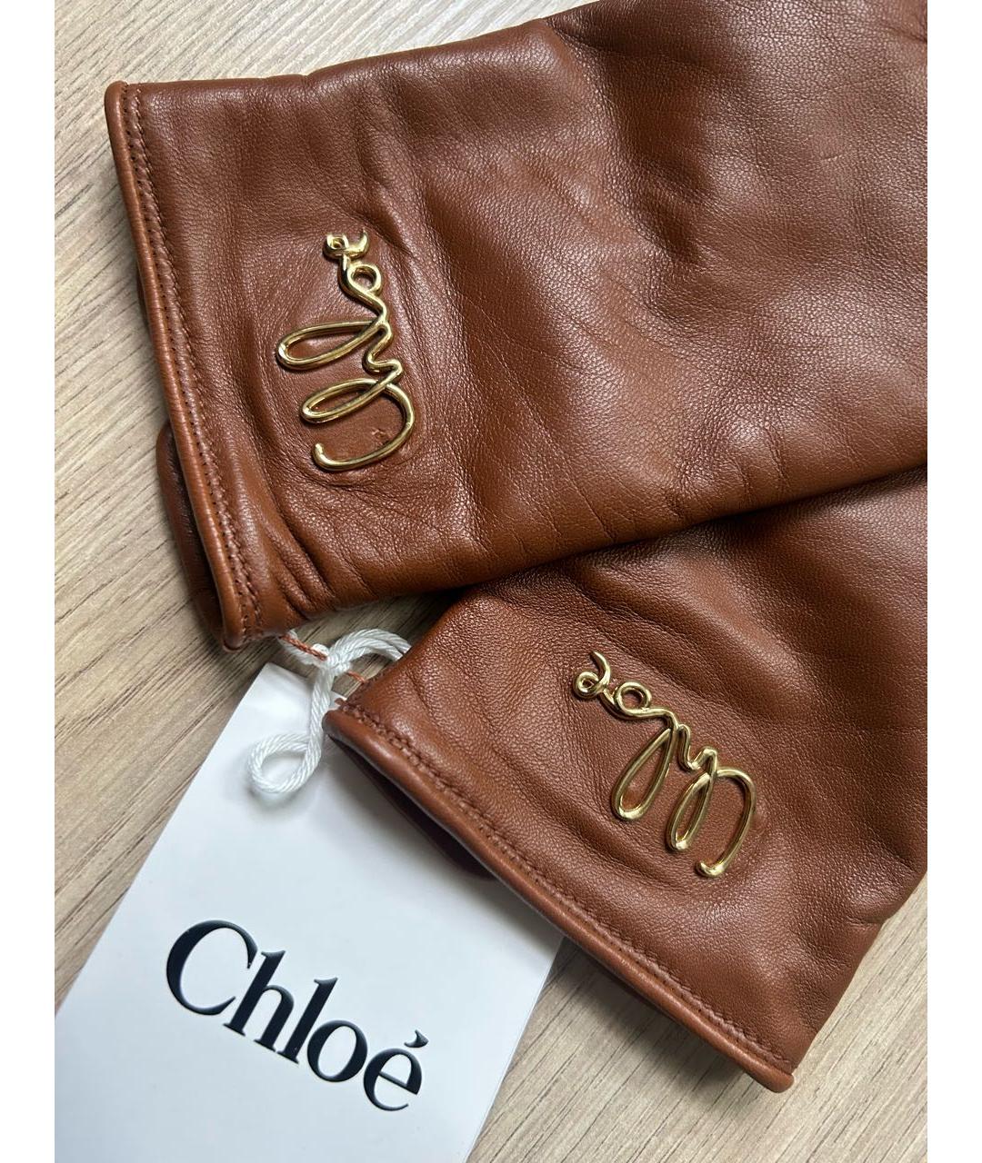 CHLOE Коричневые кожаные перчатки, фото 3