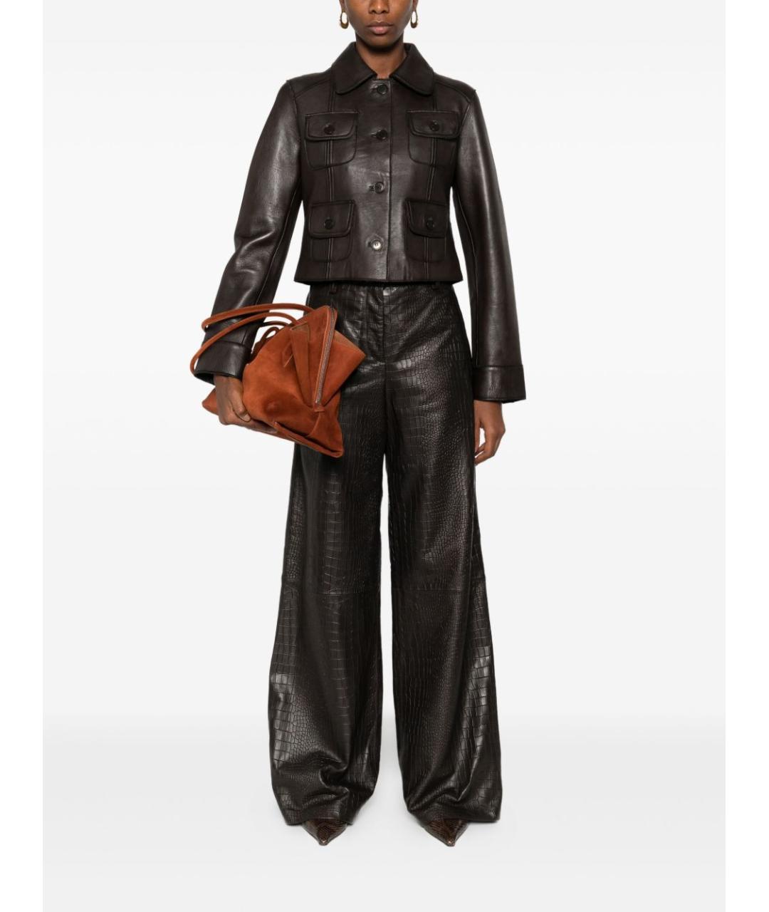 ENES Коричневые кожаные прямые брюки, фото 3