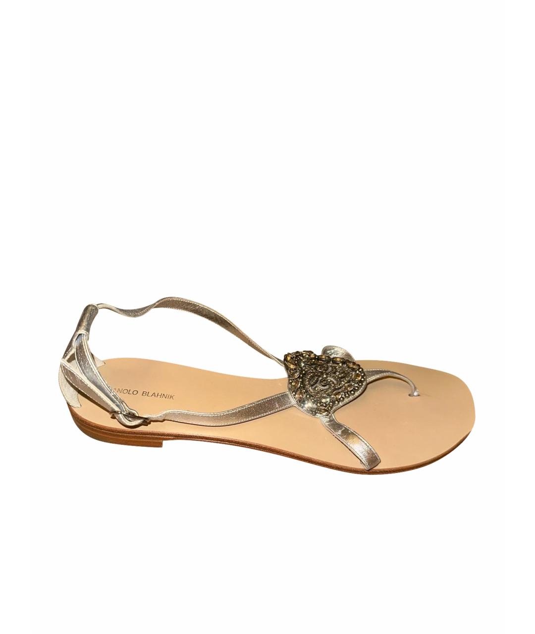 MANOLO BLAHNIK Серебряные кожаные босоножки, фото 1