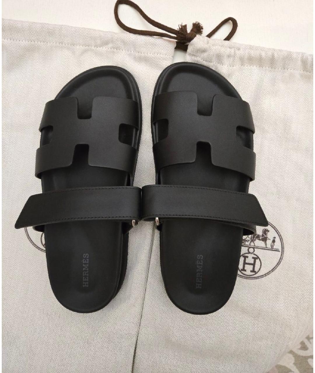 HERMES Черные кожаные шлепанцы, фото 3