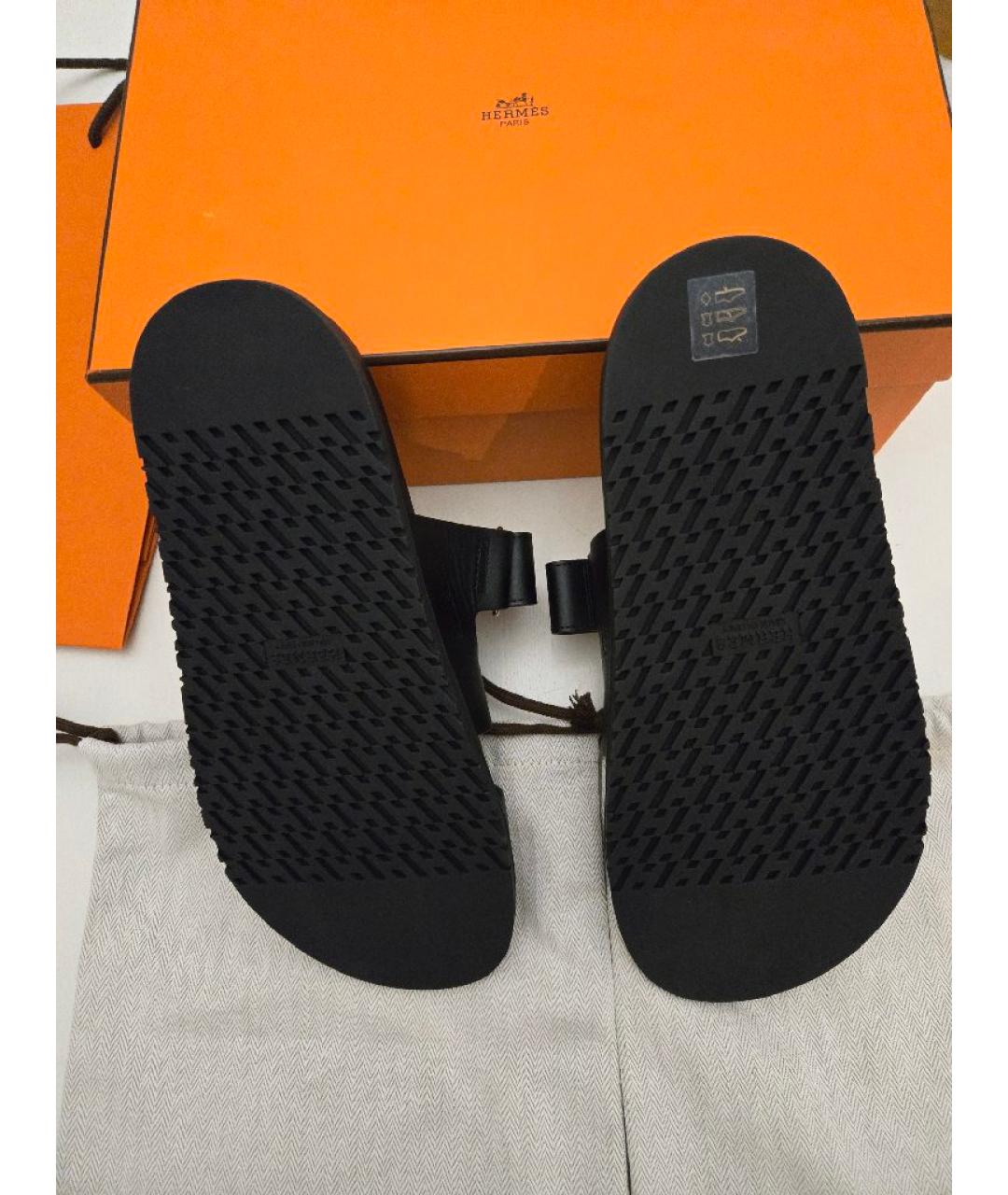 HERMES Черные кожаные шлепанцы, фото 9