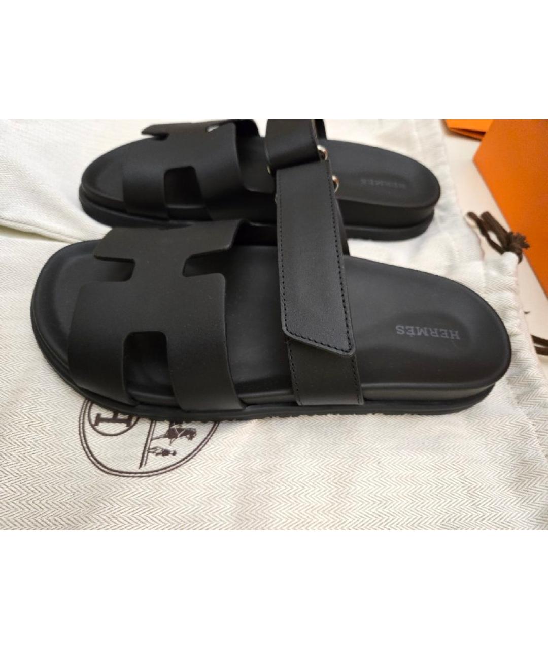 HERMES Черные кожаные шлепанцы, фото 8
