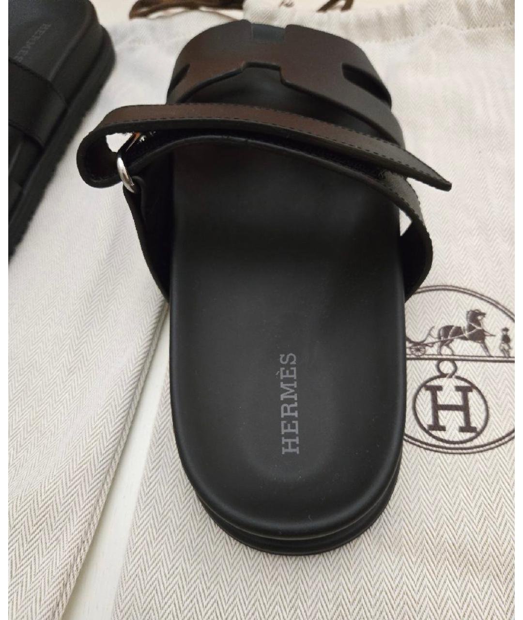 HERMES Черные кожаные шлепанцы, фото 4