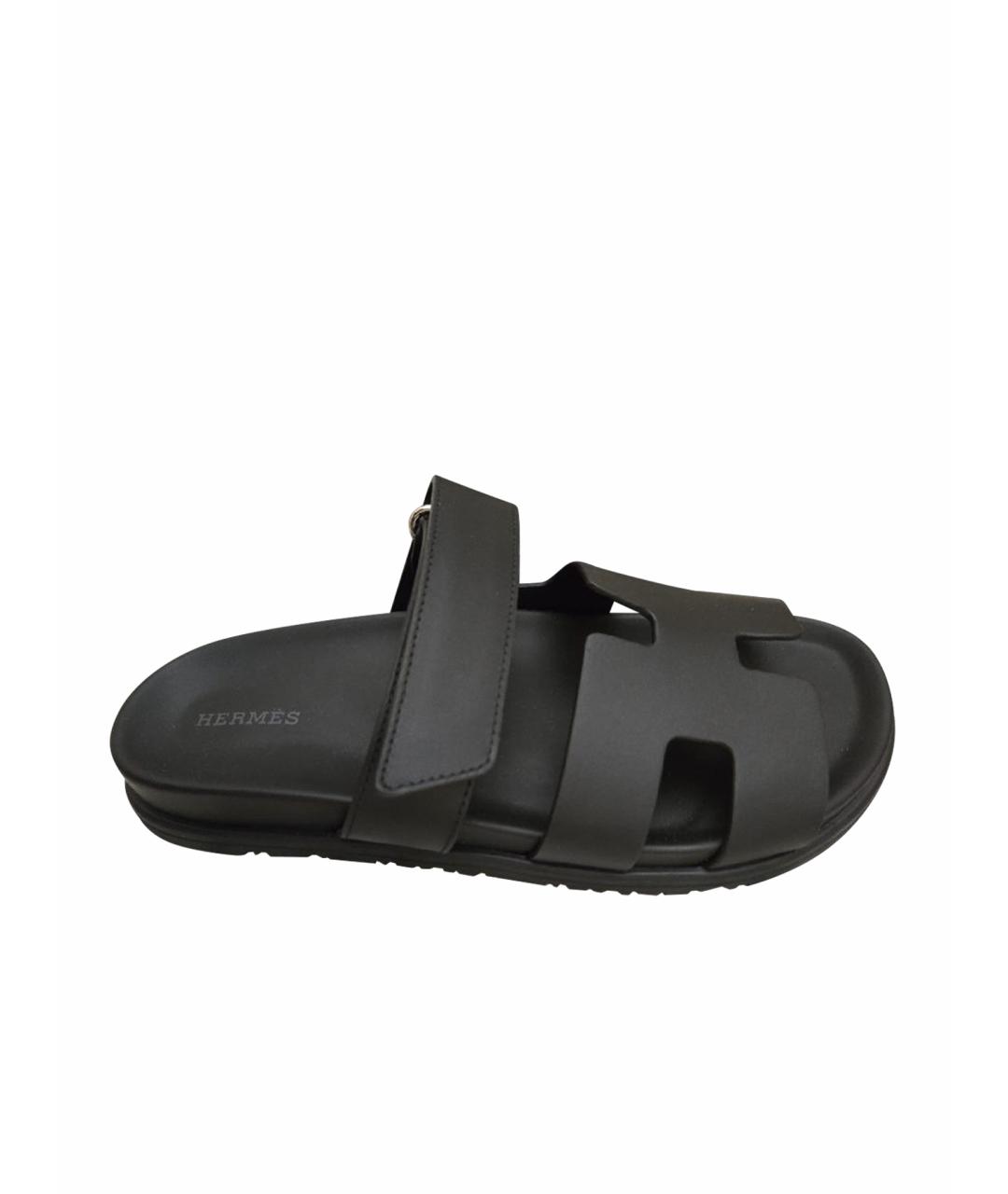 HERMES Черные кожаные шлепанцы, фото 1