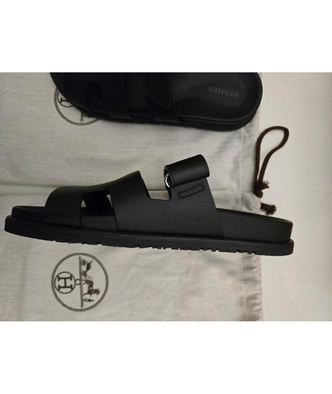 HERMES Черные кожаные шлепанцы, фото 7