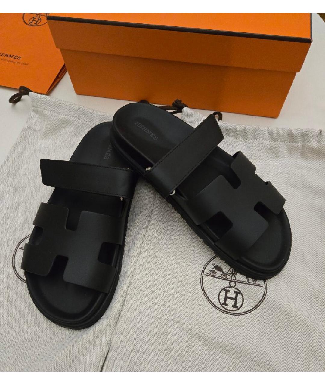 HERMES Черные кожаные шлепанцы, фото 5