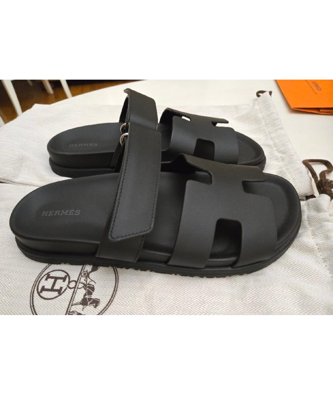 HERMES Черные кожаные шлепанцы, фото 10