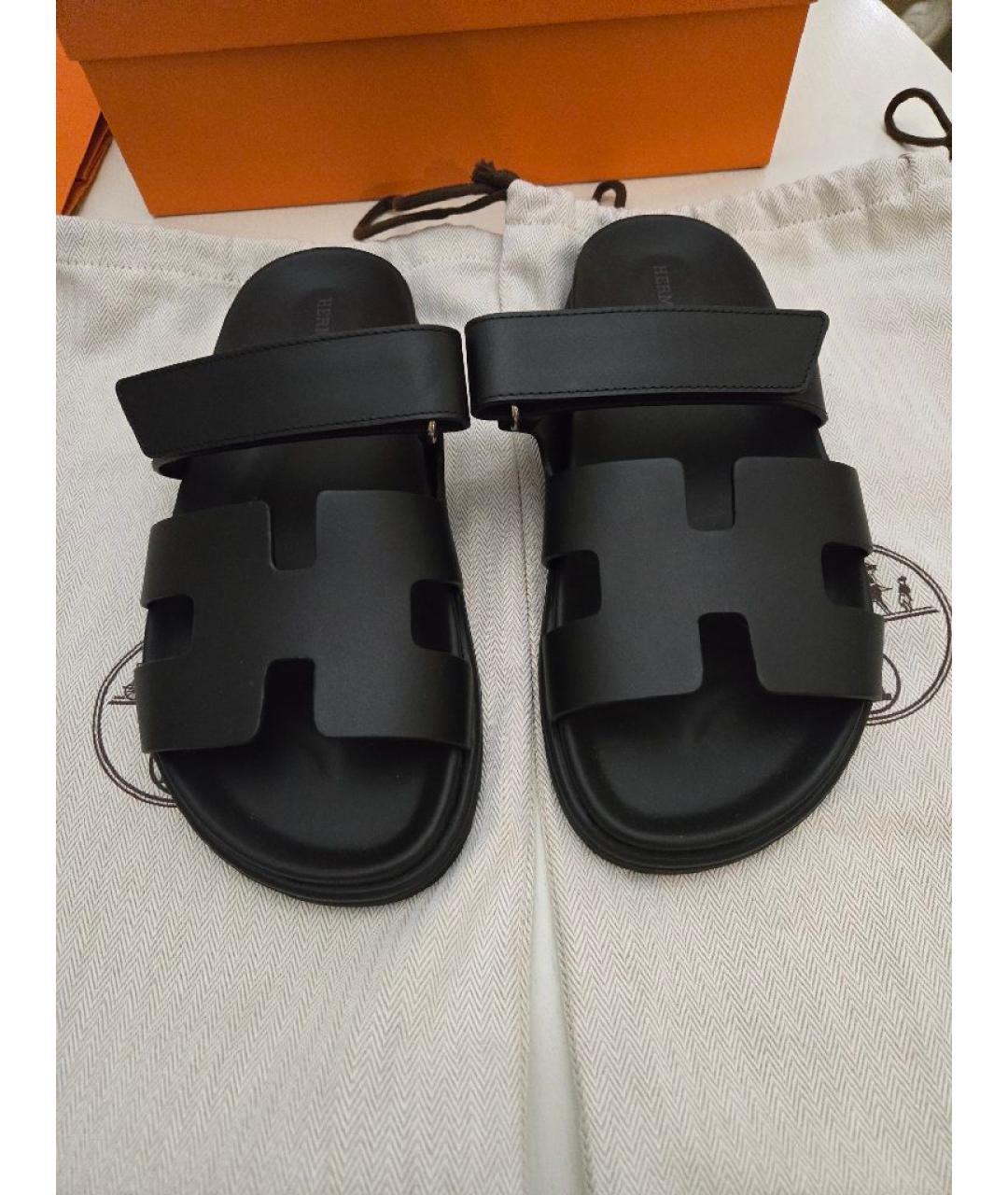 HERMES Черные кожаные шлепанцы, фото 2