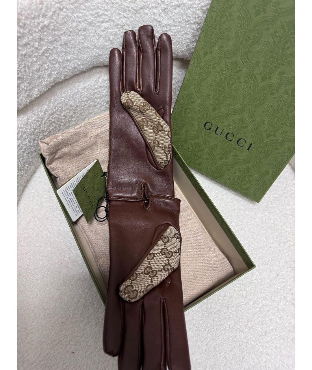 GUCCI Коричневые кожаные перчатки, фото 3